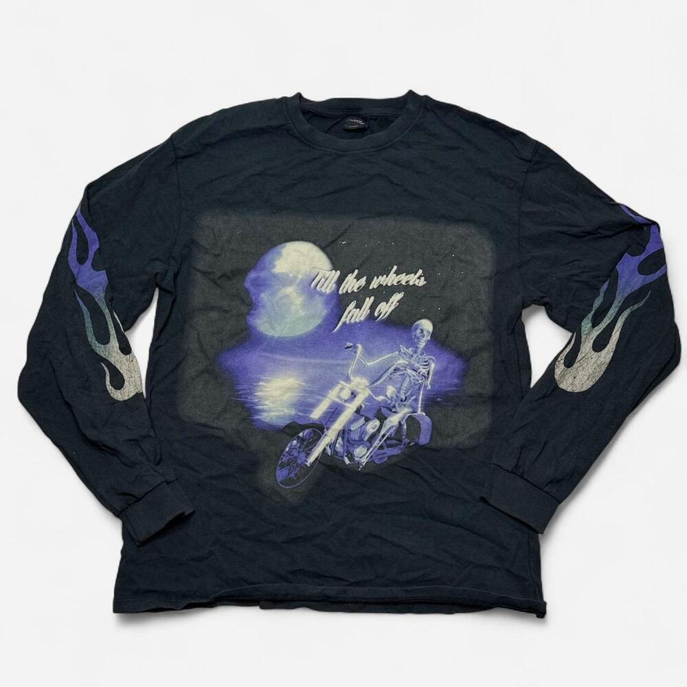 Urban Outfitters Flames Skeleton Motorcycle Graphic Long Sleeve Shirt Size S